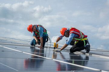Aufkleber - Technician checks and maintenance of the solar panel at solar power plant,Solar panels.