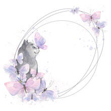 Cute Grey Cat With Pink And Lilac Butterflies, Oval Frame. Watercolor Illustration. For The Design And Decoration Of Postcards, Posters, Invitations, Certificates, Logos, Souvenirs.