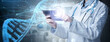© Paulista - Woman doctor or scientist touching digital tablet analyse holographic human DNA structure. Advanced technologies in genetic research, virtual interface connection. Mixed media healthcare background.