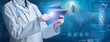 © Paulista - Female doctor in white coat and stethoscope tapping on digital tablet in a scientific blue background with capsule, diagram, chart and infographics. Pharmaceutical industry research and development.