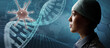 © Paulista - Young medical doctor facing virus and DNA strand model. Conceptual image for concerning about new variants and strains and global spread.