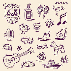 set of hand drawing mexico icons line arts