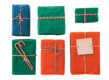 Christmas Present Gift Boxes Collection With Tag For Merry Christmas And New Year Holiday. For Design.