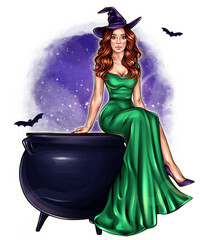 a beautiful witch girl in a long green dress and a witch hat is sitting on a cauldron