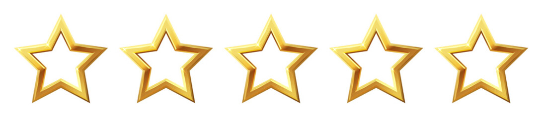 Wall Mural - Five stars icon. Stars rating review icon.Vector stars set of realistic metallic golden stars isolated on white background. Symbol wye of leadership. Vector illustration