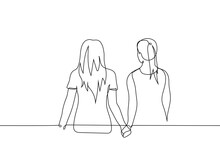 Two Women Go Hand In Hand - One Line Drawing Vector. Girlfriend Concept, Lesbian Couple