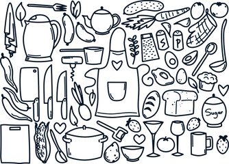 A pack of kitchen items in a cute cartoon style. Cooking utensils, objects and products. Black vector outlines isolated on white background.