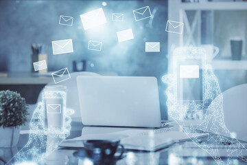 Poster - Multi exposure of envelops drawings and office interior background. E-mail concept.