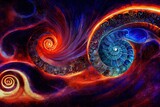 Fototapeta Kosmos - Ocean ammonite surreal shell art - spirals reminiscent of magical sacred portals - intriguing golden ratio swirls and rich deep blue, orange, abalone sea green and red colors perfectly blended.