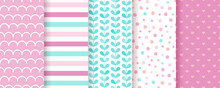 Scrapbook Pattern. Seamless Baby Shower Background. Set Pink Packing Paper. Cute Textures With Polka Dot, Stripes, Hearts, Leaves, Wave. Trendy Pastel Print For Scrap Design. Color Vector Illustration