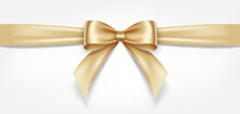 Satin Decorative Golden Bow With Horizontal Yellow Ribbon Isolated On White Background. Vector Gold Bow And Gold Ribbon