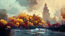 City With Autumn Mood Illustration