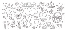 Black And White Spring Doodle Set. Cute Set Of Spring Cliparts, Easter Elements. Isolated Illustration.