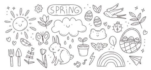 Black and white spring doodle set. Cute set of spring cliparts, easter elements. Isolated illustration.