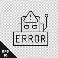 Poster - Black line Error in the operation program of the robot icon isolated on transparent background. A broken chip of a robot. Vector