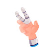 Robotic artificial hand with metal fingers showing peace sign, innovation medicine prosthesis, handicapped invalidity arm. Vector disabled man artificial human hand, cyborg palm limb, robot body part