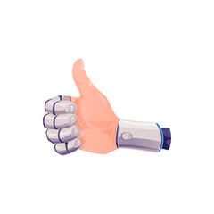 Poster - robot hand or cyborg mechanical arm with thumb up gesture, vector. android robot hand with finger th