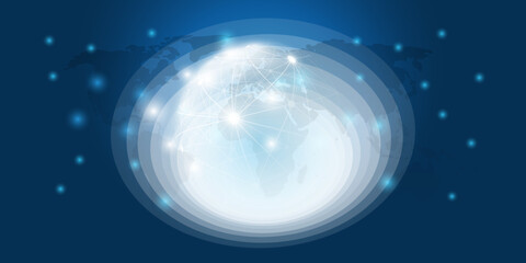 Poster - Abstract Blue Cloud Computing, Networks, Futuristic Telecommunications Concept, 3D Design with Glowing Whirling Lines of Flowing Data Between Nodes on Dark World Map Background - Vector Illustration