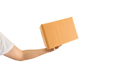 Delivery man hand holding parcel cardboard box on transparent background - PNG format.