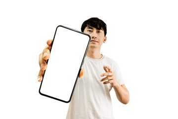 Canvas Print - asian man holding smartphone with white empty screen on transparent background - png format.