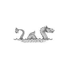 Bakunawa serpent-like dragon in Philippine mythology in sea or ocean water waves isolated monochrome sketch icon. Vector underworld mythical creature, vintage giant dragon, fairytale animal