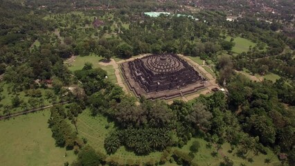 Wall Mural - Aerial view of Borobudur, a 9th-century Mahayana Buddhist temple in Magelang Regency near Yogyakarta in Central Java, Indonesia.