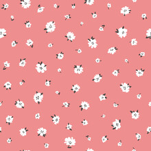 Calico Millefleurs Seamless Pattern. Small White Summer Wildflowers In A Simple Hand Drawn Cartoon Style On A Pink Background. Ideal For Textile, Fabric, Surface, Wallpaper, Scrapbooking.