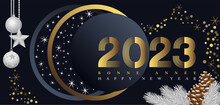2023-Affiche, Bannière Ou Carte De Vœux, Noire, Blanche Et Or, Pour Fêter Le Nouvel An, Sur Le Thème De L’espace En Hiver - Texte Français Et Anglais - Traduction Bonne Année.