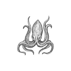 Wall Mural - Pouple devilfish, retro octopus marine animal isolated eight-limb mollusk monochrome sketch icon. Vector octopus with soft body, eight sucker-bearing arms. Kraken aquatic monster, aquarium creature