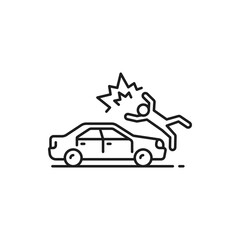 Car crash or road collision with pedestrian thin line icon. Road crash, vehicle driving safety pictogram or line vector sign. Automobile damage in accident, violation symbol with human hit by a car