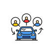 Car share service, carpool, people want carsharing. Vector carpooling or car-sharing, ride-sharing, lift-sharing icon. Multiple drivers on car on rent