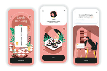 Fototapete - Online banking concept onboarding screens. Credit card management and financial transactions in application. UI, UX, GUI user interface kit with flat people scene. Vector illustration for web design
