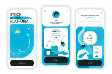 Fototapete - Stock market concept onboarding screens. Analysis of financial data and trading on stock exchange in app. UI, UX, GUI user interface kit with flat people scene. Vector illustration for web design