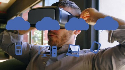 Poster - Animation of media icons over biracial businessman using vr headset