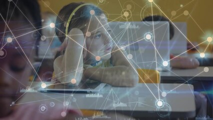 Poster - Animation of network of connections with data processing over caucasian schoolgirl using tablet