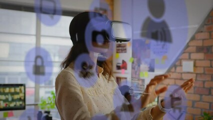 Poster - Animation of media icons over biracial businesswoman using vr headset