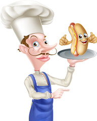 Canvas Print - Cartoon Chef Holding Hot Dog Pointing