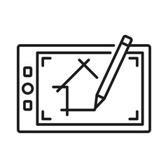 Aufkleber - Architect development or interior design icon, architecture plan of house on tablet, vector line symbol. Home building project and apartments construction icon for real estate design and development