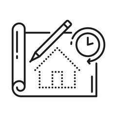 Aufkleber - House architect development and interior design plan, vector pencil line icon. Home construction project or architecture development and interior design for real estate engineering