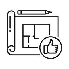 Poster - Interior design and architecture, house plan or architect project blueprint, vector line icon. Apartments construction and building development outline pencil icon for real estate architecture