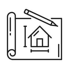 Aufkleber - House architect development, home building and interior design, vector icon. Home construction project or architecture development and real estate apartments interior design project blueprint icon