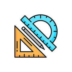 Poster - Measure triangle and protractor ruler and pencil isolated architect development icons. Vector school geometry tools, measurement instruments
