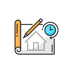Aufkleber - House architectural plan, technical drawing. Vector engineering design elements, paper plan and home draft, deadline time sign, clock timer