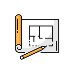 Aufkleber - House architect development plan, technical drawing project scheme and pencil outline icon. Vector paper plan draft, technical architecture document and pen