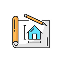 Aufkleber - Architect plan on paper, pencil and house project design. Vector house development scheme and pen outline icon. Technical architecture document
