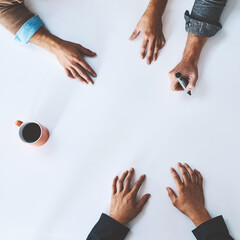 Poster - Whiteboard, writing, and closeup of hands isolated at desk or office. Meeting, teamwork and planning session at table together inside. Collaboration, ideas and innovation copyspace from angle above.