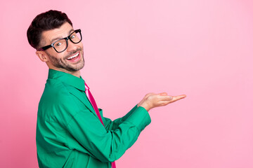 Sticker - Side profile photo of young guy laughing situation ask unemployment benefits office manager isolated on pink color background