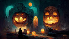 Mayan Style Halloween Theme Pumpkins Ghosts In The Dark Night