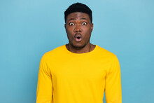 Photo Handsome Guy Open Mouth Listen Bad News Freeze Cant Say Talk Speak Wear Yellow Pullover Isolated Blue Color Background