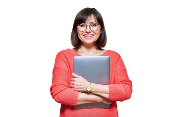 Wall Mural - Smiling woman with laptop on white isolated background